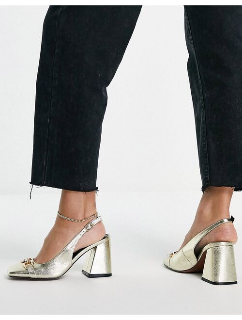 ASOS DESIGN Stable snaffle detail slingback heeled shoes in gold