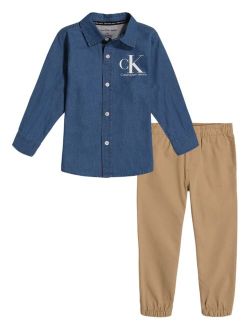 Toddler Boys Pre-Washed Denim Logo Button-Front Shirt and Twill Joggers, 2 Piece Set