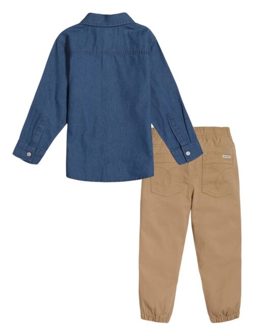 Calvin Klein Toddler Boys Pre-Washed Denim Logo Button-Front Shirt and Twill Joggers, 2 Piece Set