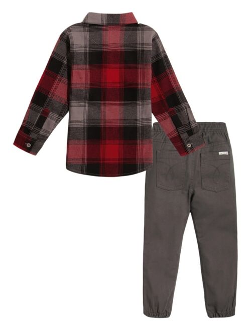 Calvin Klein Toddler Boys Yarn-Dyed Plaid Button-Front Shirt and Twill Joggers, 2 Piece Set