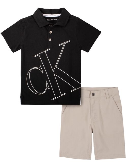 Calvin Klein Little Boys Oversize Logo Polo Shirt and Twill Shorts, 2-Piece Set