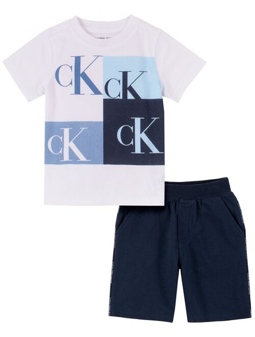 Calvin Klein Little Boys Logo T-shirt and Logo-stripe Terry Shorts, 2 Piece Set