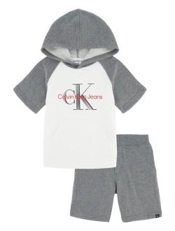 Little Boys Short Sleeve Colorblock Logo Hoodie and Fleece Shorts, 2 Piece Set