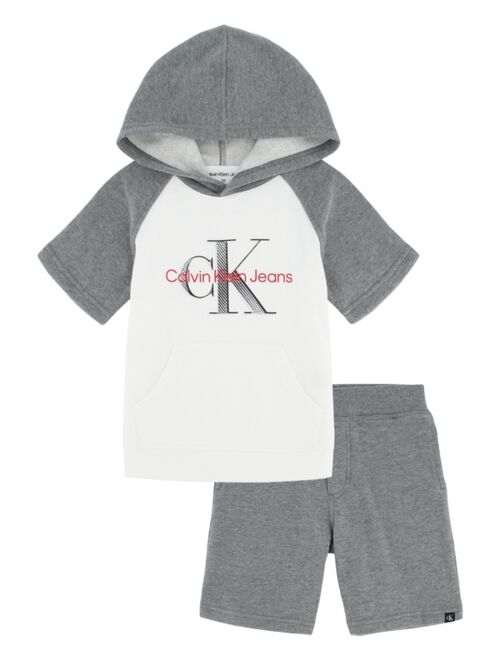 Calvin Klein Little Boys Short Sleeve Colorblock Logo Hoodie and Fleece Shorts, 2 Piece Set