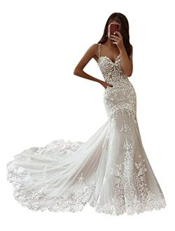 Mojing Sexy Lace Appliques Mermaid Wedding Dress Spaghetti Straps Sweetheart Bridal Gown for Wedding 2022