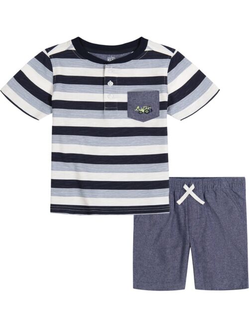 Kids Headquarters Little Boys Striped Henley T-shirt and Chambray Shorts, 2 Piece Set