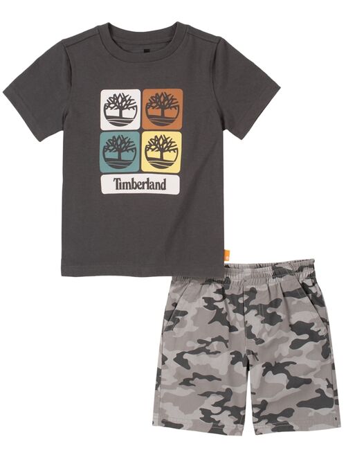 Timberland Toddler Boys Short Sleeve Logo Graphics T-shirt and Camouflage Shorts, 2 Piece Set