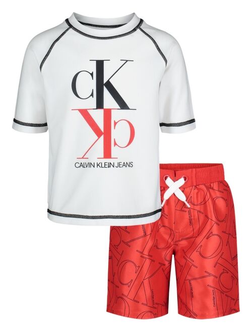 Calvin Klein Little Boys 2 Piece Logo Raglan Rash Guard and Logo-Print Drawstring Shorts Set