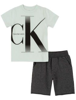Little Boys Monogram T-shirt and Logo-stripe Terry Shorts, 2 Piece Set