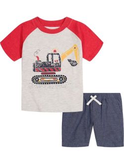 Little Boys Short Sleeve Raglan T-shirt and Pull-On Chambray Shorts, 2 Piece Set