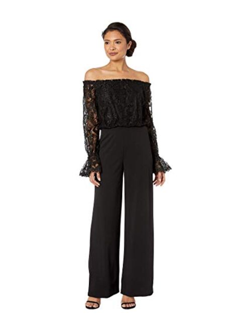 Adrianna Papell womens Knit Crepe Wide Leg Jumpsuit W/Off the Shoulder Lace Top