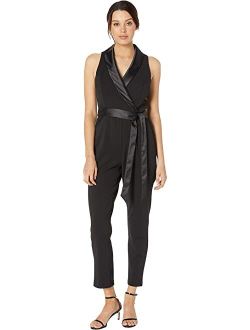 Knit Crepe Wrap Top Sleeveless Jumpsuit with Stretch Charmeuse Collar