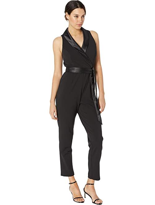 Adrianna Papell Knit Crepe Wrap Top Sleeveless Jumpsuit with Stretch Charmeuse Collar