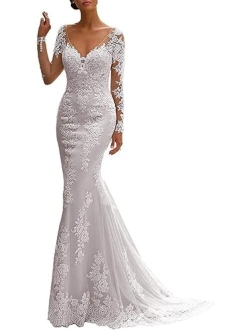 RYANTH Women's Mermaid Wedding Dresses for Bride Sexy Lace Open Back Bridal Gowns