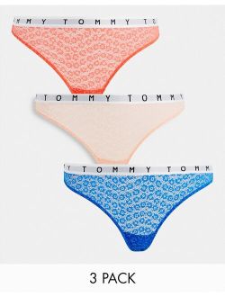 3-pack logo lace thongs in blue, coral and peach