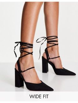 Wide Fit Panda tie leg block heeled shoes in black