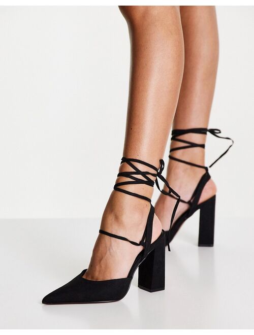 ASOS DESIGN Wide Fit Panda tie leg block heeled shoes in black