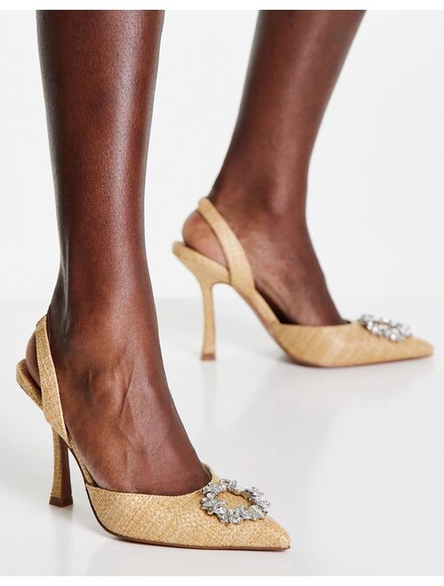ASOS DESIGN Poppy embellished slingback high heeled shoes in beige