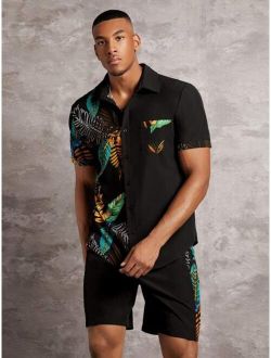 Men Tropical Print Pocket Patched Shirt & Shorts