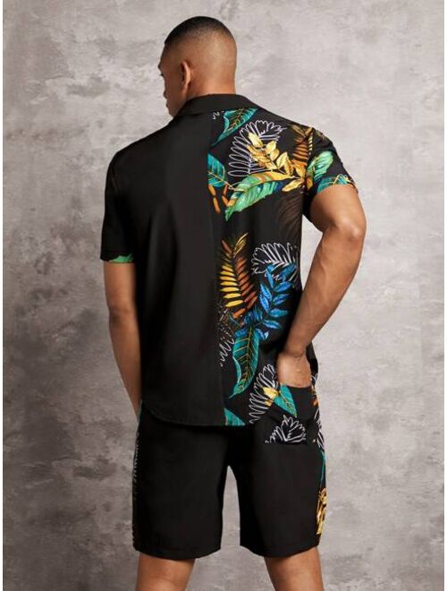 Shein Men Tropical Print Pocket Patched Shirt & Shorts