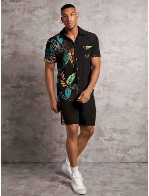 Shein Men Tropical Print Pocket Patched Shirt & Shorts