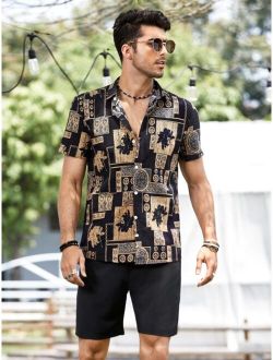 Men Random Plant And Chain Print Button Up Shirt With Shorts