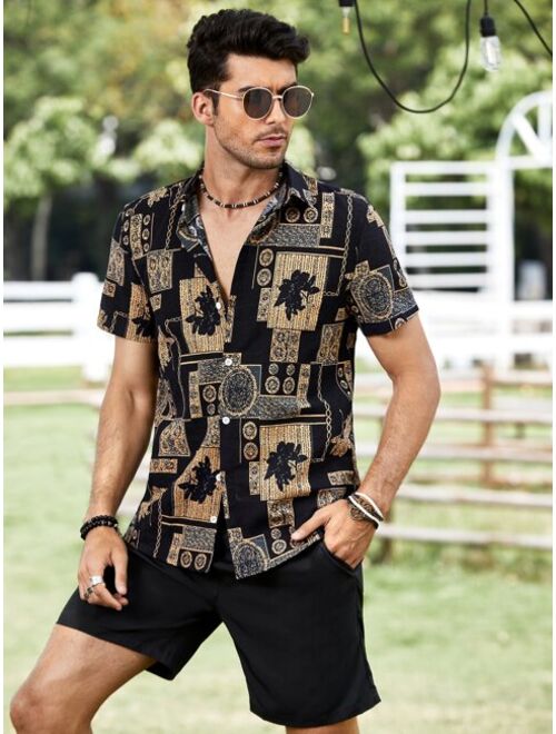 Shein Men Random Plant And Chain Print Button Up Shirt With Shorts