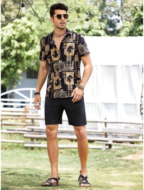 Shein Men Random Plant And Chain Print Button Up Shirt With Shorts