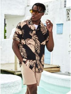 Men Tropical Print Shirt & Drawstring Waist Shorts