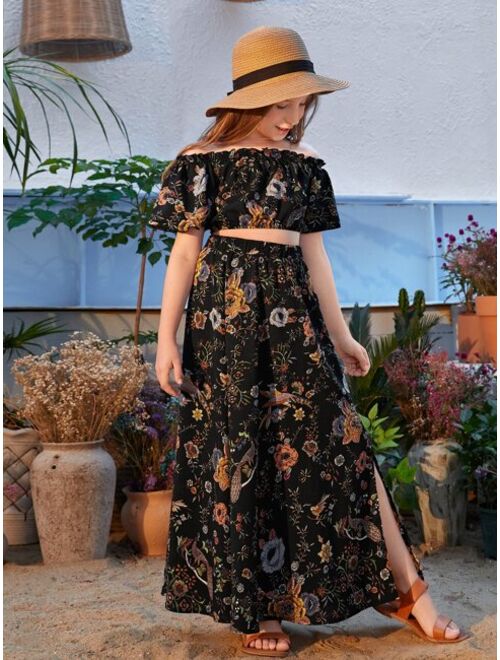 SHEIN Girls Off Shoulder Floral Print Top & Split Thigh Skirt Set