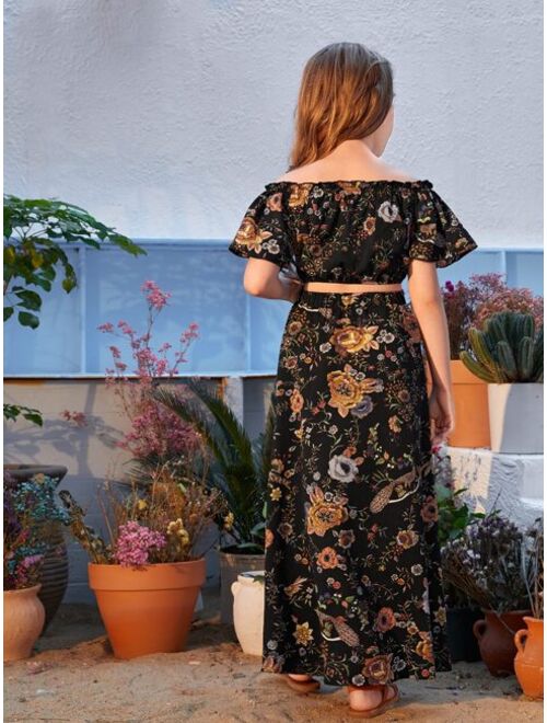 SHEIN Girls Off Shoulder Floral Print Top & Split Thigh Skirt Set