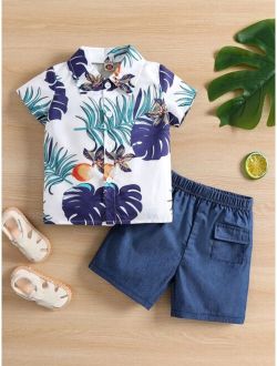 Baby Tropical Print Shirt With Denim Shorts