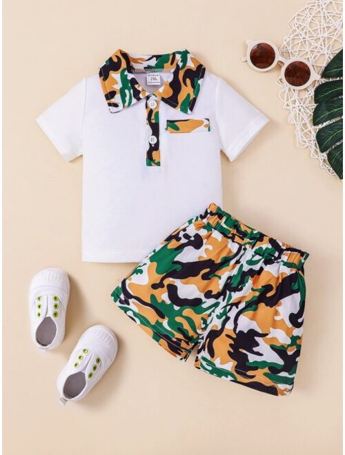 Shein Baby Contrast Camo Collar Polo Shirt Shorts