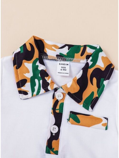Shein Baby Contrast Camo Collar Polo Shirt Shorts
