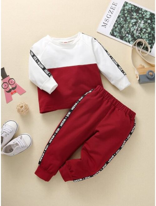 Shein Baby Color Block Raglan Sleeve Letter Tape Pullover Sweatpants