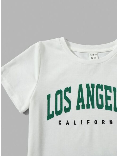 SHEIN Toddler Boys Letter Graphic Tee Contrast Tape Shorts