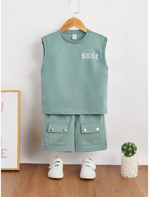 SHEIN Toddler Boys Letter Graphic Tank Top Flap Pocket Shorts