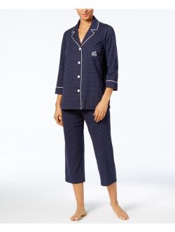LAUREN RALPH LAUREN 3/4 Sleeve Cotton Notch Collar Capri Pant Pajama Set