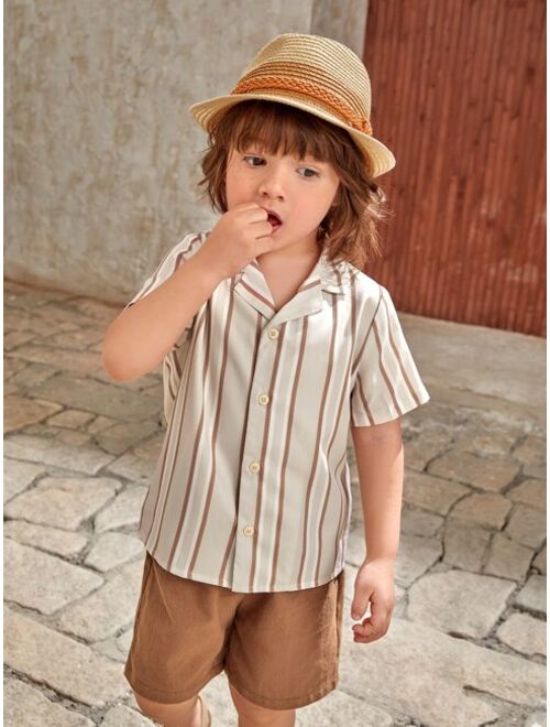 SHEIN Toddler Boys Notched Collar Button Up Striped Shirt Shorts
