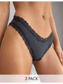 3 pack cotton & lace brazilian briefs in gray, white & navy