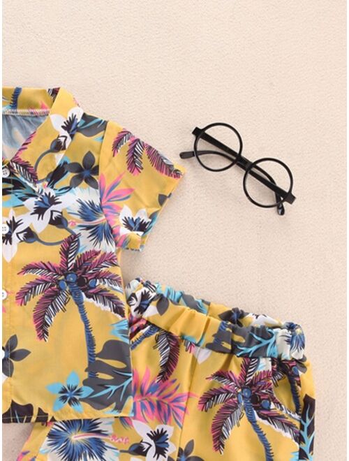 Shein Toddler Boys Tropical Floral Print Button Up Shirt Shorts