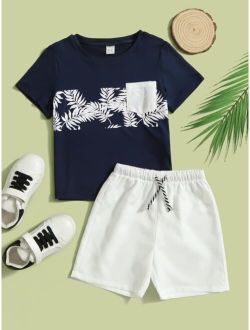 Toddler Boys Tropical Print Pocket Patched Tee Shorts