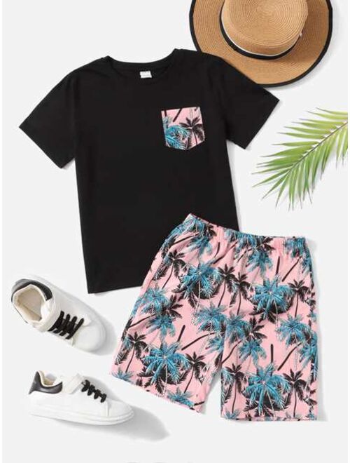 SHEIN Boys Contrast Pocket Tee Coconut Tree Print Shorts