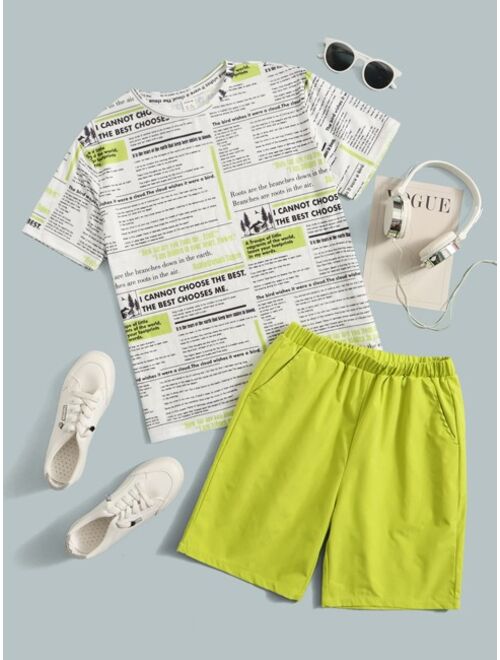 SHEIN Boys Newspaper Print Tee Shorts