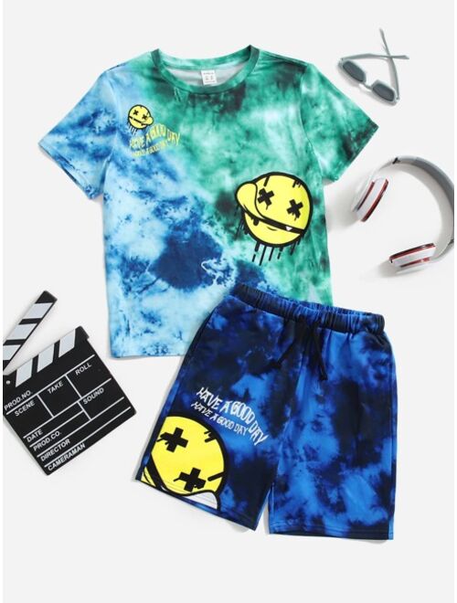 SHEIN Boys Cartoon Graphic Tie Dye Tee And Shorts Set