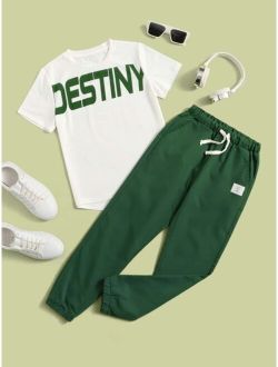 Boys Letter Graphic High Low Tee Patched Detail Drawstring Waist Pants