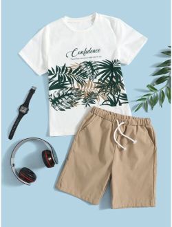 Boys Letter Tropical Print Tee Shorts Set