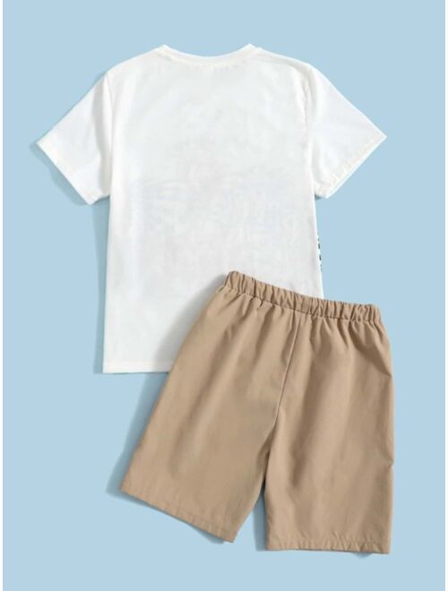 SHEIN Boys Letter Tropical Print Tee Shorts Set