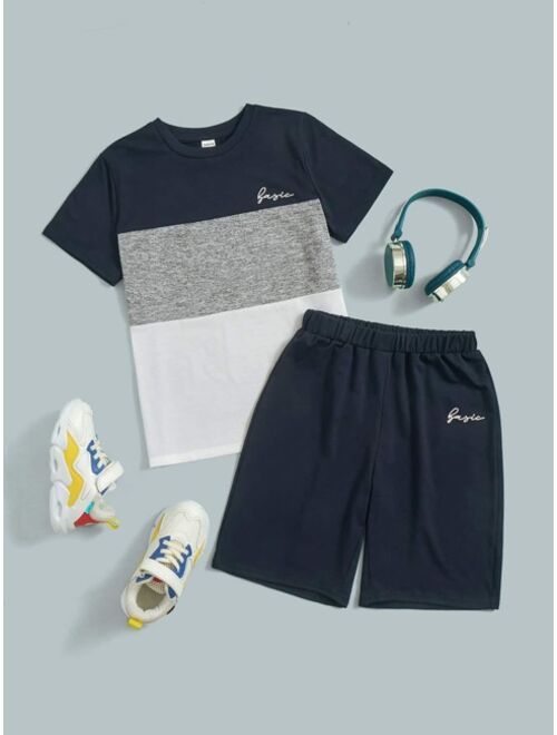 SHEIN Boys Letter Graphic Colorblock Tee and Track Shorts Set