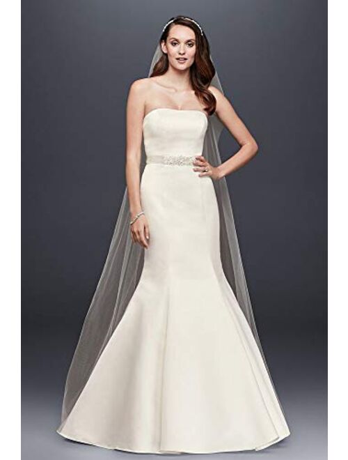 David's Bridal Strapless Trumpet Wedding Dress with Ribbon Waist Style WG9871